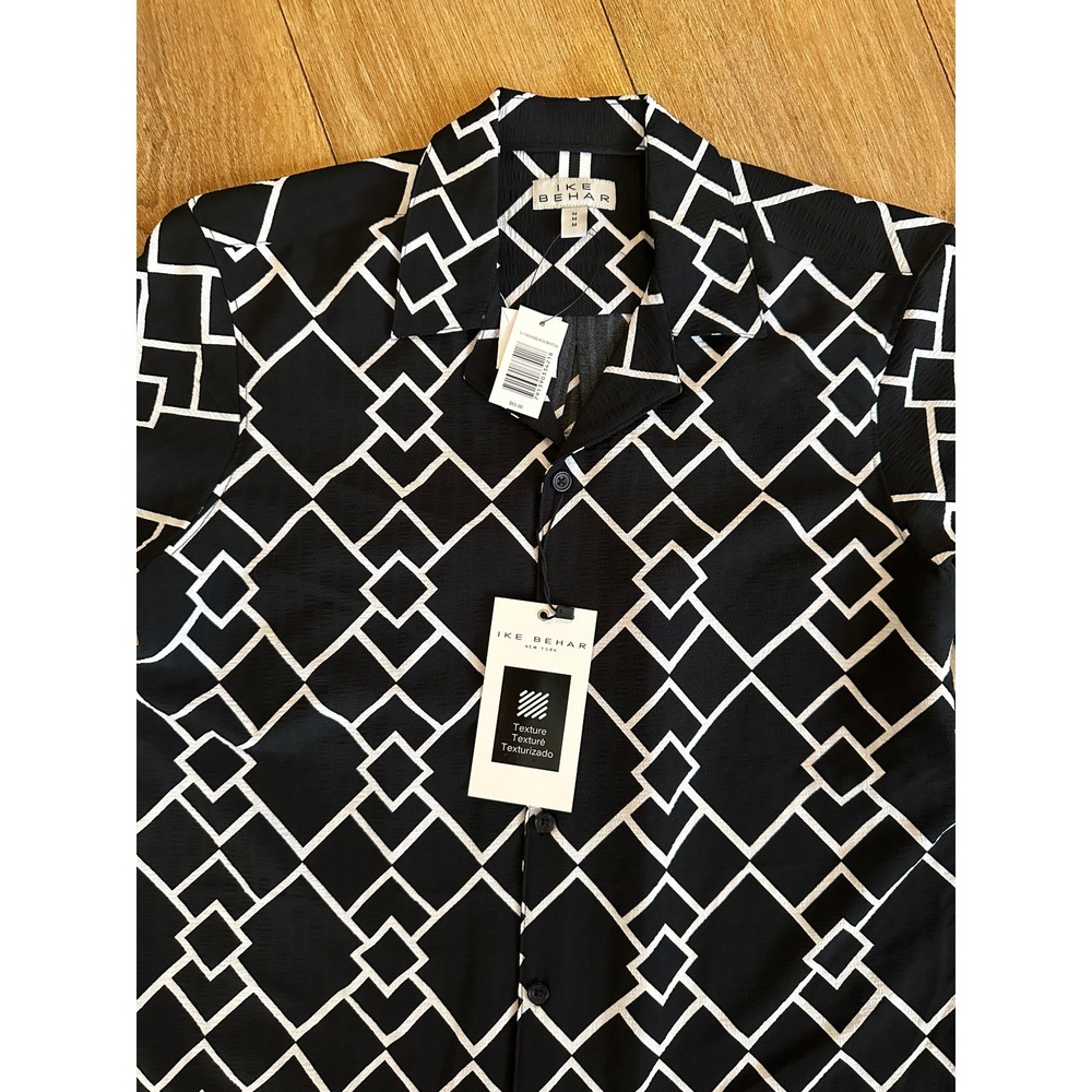 Ike Behar Mens Geometric Diamond Print S/S Camp Collar Texture Shirt Black White